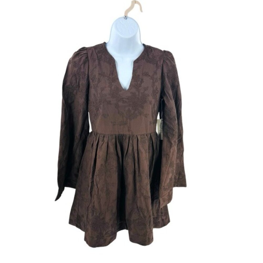 Hyacinth House | NEW Brown Becca V-Neckline Bell-Sleeved Mini Dress Size XXS - Picture 4 of 11